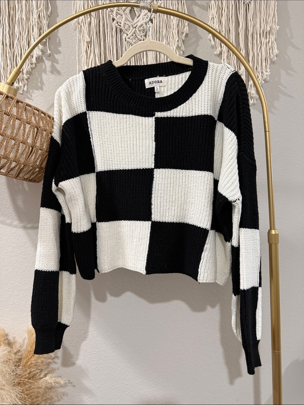 ADORA Black & White Checkered Cropped Crewneck Sweater